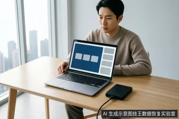 一名身穿米色毛衣的男子坐在木桌前,正注视着笔记本电脑屏幕。电脑通过数据线连接着右侧的黑色移动硬盘,屏幕上显示着蓝底白框的抽象界面布局,背景为明亮的城市窗景。