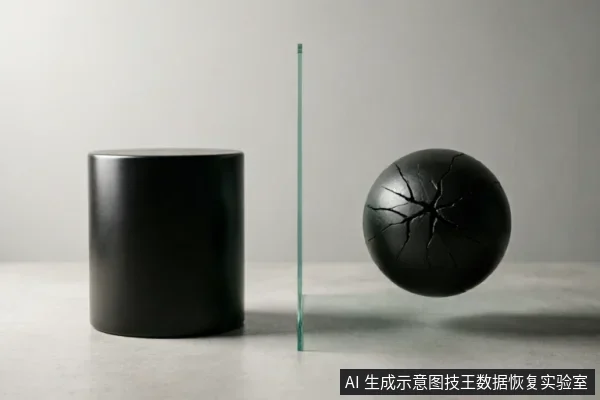 画面展示了一个黑色圆柱体、一块竖立的透明玻璃板和一个表面布满裂纹的黑色球体。玻璃板将圆柱与球体隔开,寓意在数据故障时设立屏障,阻止进一步写入或操作,以保护受损介质中的数据完整性。