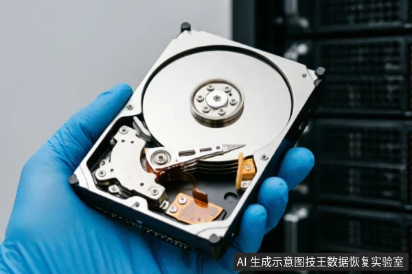 一只戴着蓝色防静电手套的手托举着一块打开外壳的机械硬盘,清晰展示了内部的磁盘盘片、读写磁头臂及电路板结构。背景为模糊的服务器机柜,暗示专业数据恢复或硬件检测环境。