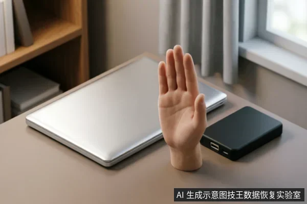 桌面上放置着一台闭合的银色笔记本电脑和一个黑色移动硬盘,两者之间竖立着一只断开的肉色假手模型,手掌张开做出“停止”的手势。背景可见木质书架和窗帘,整体营造出一种警示或拒绝继续操作的氛围。