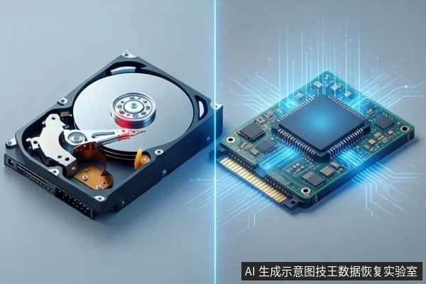 左右分屏示意图:左侧为打开外壳的机械硬盘,可见盘片与磁头臂;右侧为绿色固态硬盘电路板,中央芯片发蓝光,背景有蓝色电路特效。