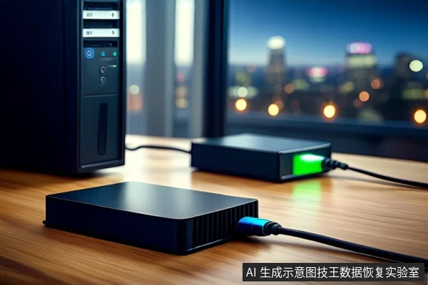木质桌面上，左侧竖立一台黑色塔式主机，正面按钮亮蓝光。前景平放一个黑色外接硬盘盒，连接着蓝色USB线。背景为模糊的窗户和城市夜景。