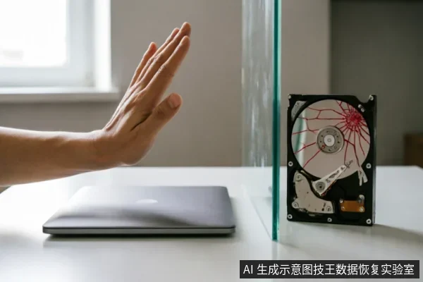 画面中一只手在笔记本电脑前做出停止手势,隔着一块透明玻璃板面对一个盘片破碎、表面布满裂纹的裸露机械硬盘。该场景直观地警示了当硬盘出现严重物理损坏时,必须立即停止通电和操作,切勿尝试软件修复。