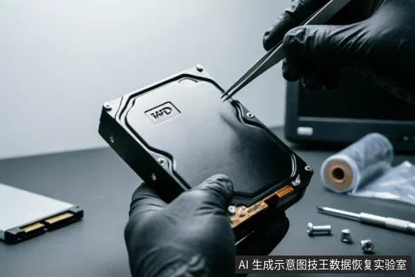 戴黑色手套的技术人员手持WD机械硬盘，使用镊子精细操作电路板接口区域。桌面上散落着螺丝和工具，背景有防静电包装，展示了专业数据恢复环境下的硬件检测与拆解场景。
