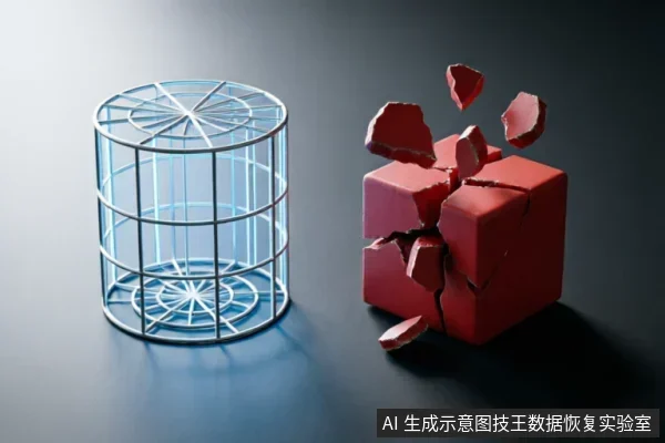 画面左侧为一个蓝色的金属线框圆柱形笼子,右侧是一个正在崩裂破碎的红色立方体块,碎片向外飞溅。两者并排置于深色背景上,形成完整结构与破坏状态的视觉对比。