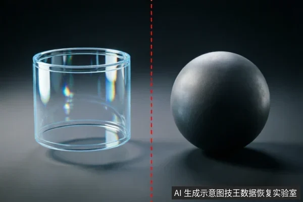 画面被红色虚线分为左右两部分。左侧为一个透明玻璃圆柱体,右侧为一个深灰色哑光球体,两者静置于深色背景上,无任何文字或操作动作。