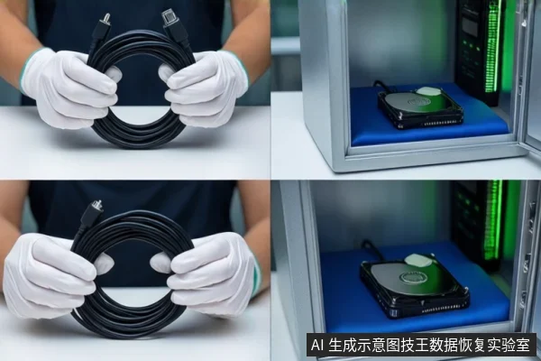 四宫格画面:左侧戴白手套的双手分别持握盘绕的黑色USB数据线;右侧洁净室环境中,一块机械硬盘平放在蓝色垫子上,置于打开的金属柜内。