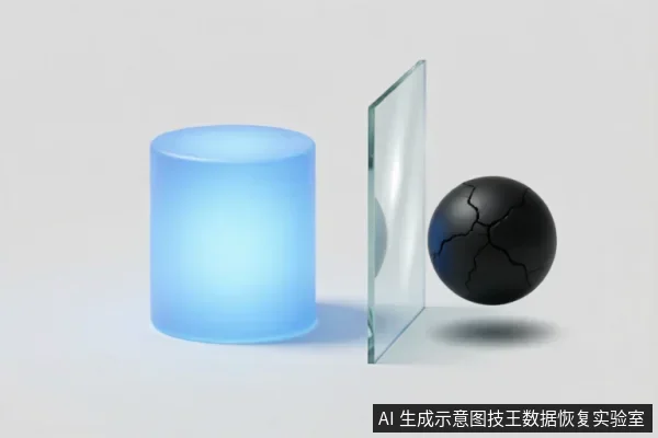 画面展示了一个发光的蓝色圆柱体、一块竖立的透明玻璃板以及一个带有裂纹的黑色球体。黑色球体位于玻璃板右侧,象征受损的存储介质或故障硬件,蓝色光源与玻璃板构成隔离屏障,隐喻数据恢复中保护原始介质与阻断风险的概念。