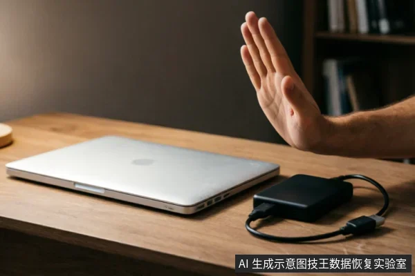 一只手掌在连接着移动硬盘的笔记本电脑前做出停止手势，示意立即切断电源或停止操作。画面直观表达了在硬盘出现异常时，应优先保护原始介质、禁止继续通电或扫描的核心原则。