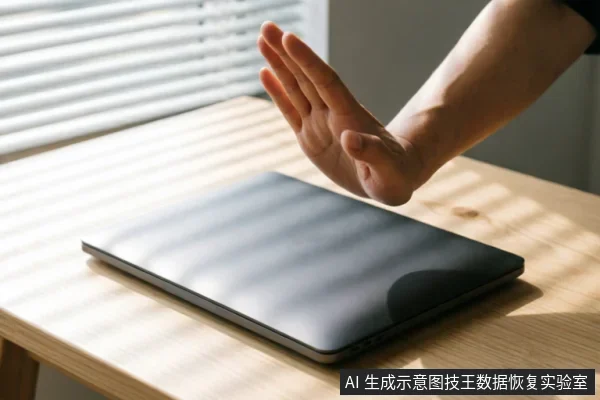 一只手掌悬停在闭合的笔记本电脑上方,做出明显的拒绝或停止手势。阳光透过百叶窗在木质桌面和电脑表面投下条纹状阴影,画面传达出暂停操作、禁止通电或保持静置的警示意味。