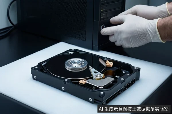 白色桌面上平放一块打开外壳的机械硬盘，露出盘片与磁头组件。右侧一只戴白色手套的手正按压黑色塔式主机的红色电源按钮。
