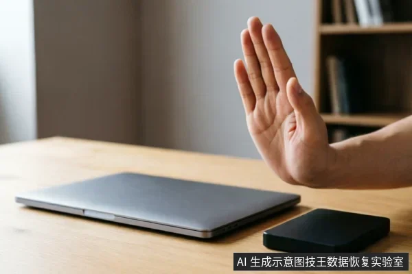 一只手掌在闭合的笔记本电脑和黑色移动硬盘前做出停止手势,示意用户立即停止对存储设备的通电或写入操作,避免数据被覆盖或硬件受损。