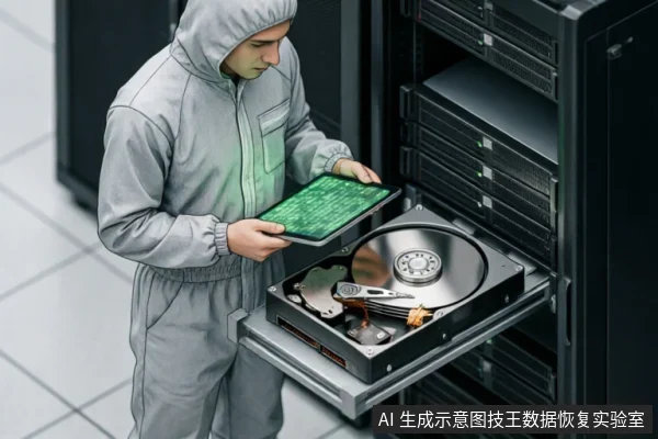 画面展示了一名身穿灰色连体防静电服的技术人员,正站在服务器机柜前检查一块已打开外壳的机械硬盘。他手中托着绿色的电路板(PCB),目光注视着裸露的磁盘盘片与磁头组件,背景为整齐排列的黑色服务器设备,呈现出专业硬件检测或数据恢复的场景。