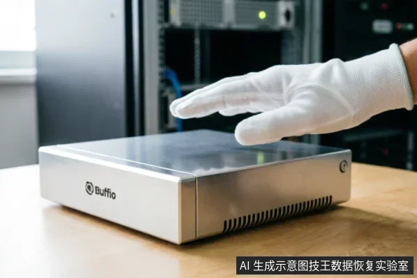一只戴着白色防静电手套的手悬停在银色巴法洛(Buffalo)NAS设备上方,背景可见模糊的服务器机柜。画面展示了在专业洁净环境下对存储设备进行无损检测或准备操作的场景。