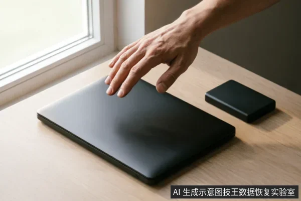 一只悬停在闭合黑色笔记本电脑上方的手，桌面右侧放置着一个黑色的移动硬盘，背景为明亮的窗边环境。