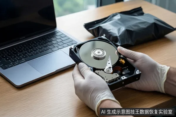 木质桌面上,一双戴白色手套的手正握持一块打开外壳的机械硬盘,展示其盘片与磁头组件。左侧是一台黑屏的银色笔记本电脑,右后方放置一个黑色防震袋。背景为模糊的窗户。