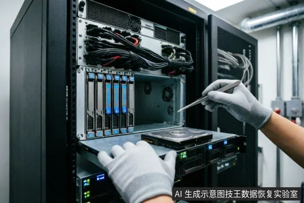 戴防静电手套的技术人员在服务器机柜前,手持镊子准备处理托盘上的机械硬盘。背景可见密集的线缆与服务器模块,展示了专业数据恢复或硬件检测的受控操作环境。