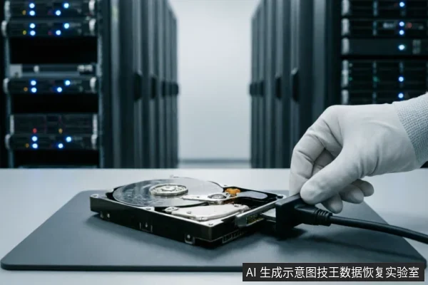 戴着防静电手套的手正在将数据线连接至裸露的机械硬盘接口,背景为模糊的服务器机柜。画面展示了在专业环境下对存储设备进行物理连接与隔离的操作场景。