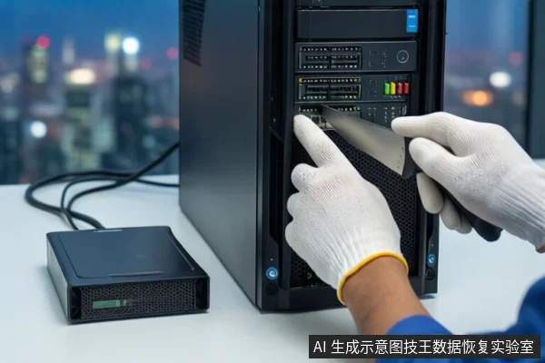 戴白手套的双手在白色桌面上操作一台黑色塔式主机,左手持工具接触主机正面接口,旁边平放一个黑色外接硬盘盒,背景为模糊的城市夜景。