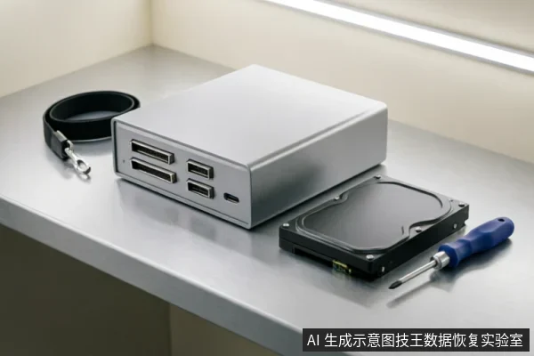 金属桌面上放置着一个银色多接口硬盘盒、一块裸露的机械硬盘、一把蓝色手柄螺丝刀及一条黑色数据线。画面展示了数据恢复或硬件检测所需的典型工具与介质,暗示了专业评估与连接测试的场景。