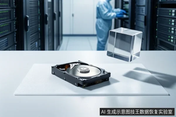 洁净室白色桌面上平放一块打开外壳的机械硬盘,右侧悬浮一个透明立方体,背景为模糊的服务器机柜和一名穿无尘服的技术人员。