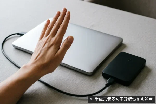 一只手掌悬停在闭合的银色笔记本电脑上方,做出停止或拒绝的手势。电脑通过数据线连接着一个黑色的外接硬盘,示意在设备出现异常时应立即停止通电操作。