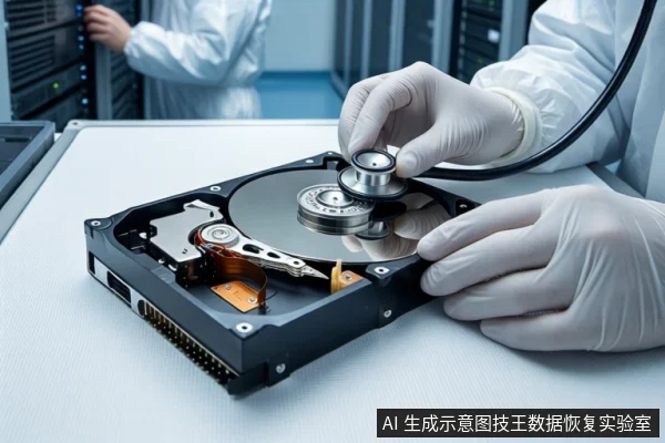 洁净室白色桌面上，前景平放一块打开外壳的机械硬盘，露出盘片与磁头组件。前景一双戴白手套的手持听诊器贴向盘片。背景中一名穿无尘服的技术人员正在操作服务器机柜。