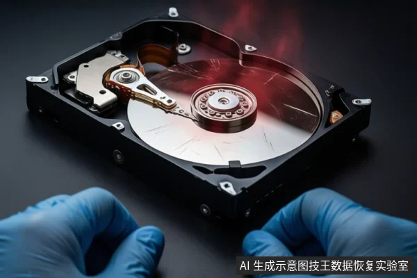 深色桌面上平放一块打开外壳的机械硬盘,可见盘片、主轴和磁头臂,盘片上方有红色烟雾状光效。前景一双戴蓝色手套的手掌平放在桌面上,呈静态展示姿态。