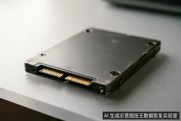 一张特写照片,展示了一个平放在白色桌面上的2.5英寸SATA接口固态硬盘。画面聚焦于硬盘侧面的数据与电源金手指接口及金属外壳上的螺丝孔位,背景虚化,无文字信息。