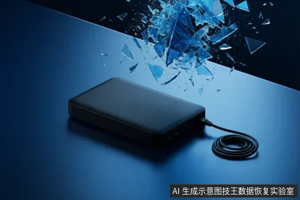 蓝色台面上放置一个黑色移动硬盘，右侧连接盘绕的数据线；背景为碎裂玻璃效果，暗示冲击或故障。