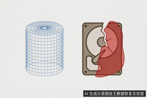 左侧为蓝色网格圆柱体,象征逻辑数据或数据库结构;右侧为一个发生严重物理断裂、盘片破碎的机械硬盘,表面覆盖红色裂纹,直观展示介质损坏与硬件故障。