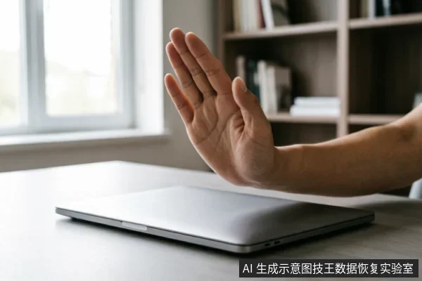 一只手掌在闭合的笔记本电脑前做出明确的停止手势,示意暂停或禁止操作。背景为模糊的书架与窗户,光线明亮,主体清晰聚焦于手部动作与电脑,传达出克制冲动、保护原始介质的警示含义。