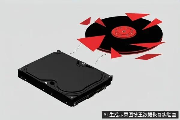 画面左下方放置一块黑色机械硬盘,右上方用虚线连接一个放大的盘片示意图,盘片周围分布多个红色箭头,示意盘片表面异常或坏道扩散。