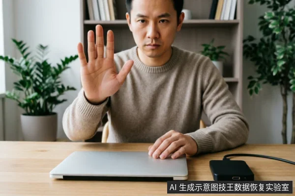一名男子坐在桌前,面前放着一台闭合的笔记本电脑和一个连接着数据线的黑色移动硬盘。他神情严肃,举起右手做出“停止”的手势,示意在遇到存储设备故障时应立即停止操作,切勿继续通电或尝试修复。