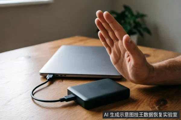 一只手掌在木质桌面上做出拒绝或停止的手势，掌心向外。前景中一个黑色移动硬盘通过数据线连接至银色笔记本电脑，示意在设备故障时立即断开连接、停止通电操作。