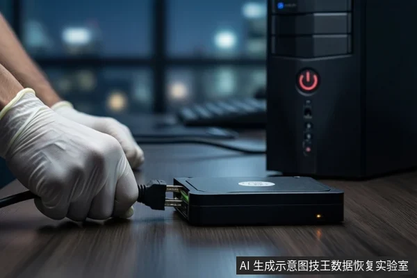 木质桌面上,前景一双戴白手套的手正在将黑色USB数据线插入平放的黑色外接硬盘盒。右侧竖立一台黑色塔式主机,正面电源按钮亮红灯。背景为模糊的窗户和城市夜景。