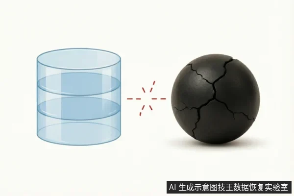 左侧为蓝色圆柱形数据库图标,右侧为表面布满裂纹的黑色球体,中间通过红色虚线连接并伴有碰撞或警示符号。画面直观展示了数据与物理损坏硬件之间的冲突关系。