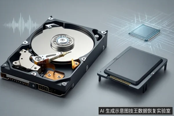 灰色背景上左侧平放一块打开外壳的机械硬盘，右侧平放一块固态硬盘，上方悬浮一枚芯片图标，左上角有声波图形。