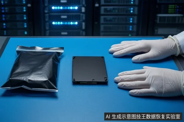 蓝色防静电垫上平放一块黑色固态硬盘,左侧有一个黑色防静电袋。右侧一双戴白色手套的手平放在桌面上。背景可见模糊的服务器机柜。