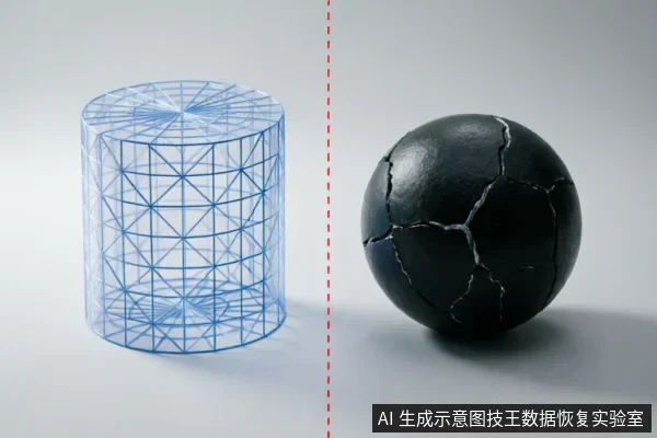图片展示了左右两个被红色虚线隔开的物体:左侧是一个蓝色的几何网格圆柱体,代表逻辑结构或数据模型;右侧是一个表面布满裂纹的黑色球体,象征受损的硬件介质。画面通过抽象对比隐喻了数据恢复中逻辑层与物理层的区别及原始介质的脆弱性。