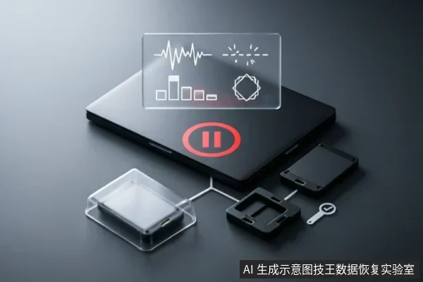 一台闭合的黑色笔记本电脑表面显示红色暂停符号,上方悬浮着波形、信号格及加载图标。电脑旁连接着透明外壳硬盘、黑色转接盒及钥匙状工具,示意在遇到异常时停止操作并进行检测的状态。