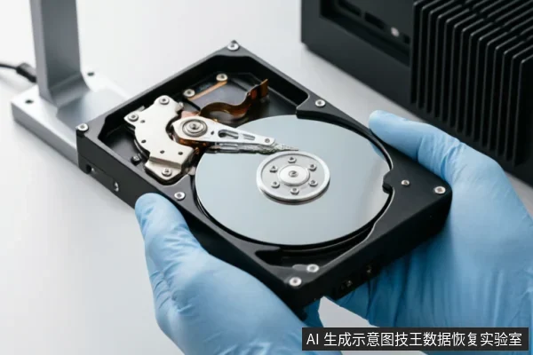 戴着蓝色防静电手套的双手托举着一块已打开外壳的机械硬盘，清晰展示了内部的磁盘盘片与磁头组件。背景可见金属支架与黑色设备，呈现出专业数据恢复实验室中对物理存储介质进行硬件检测或评估的场景。