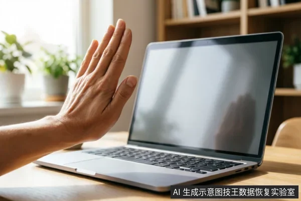 一只手掌在笔记本电脑屏幕前做出明显的停止手势,示意拒绝操作或暂停。背景为明亮的室内桌面环境,有绿植点缀。画面通过肢体语言直观传达出“立即停止”、“切勿操作”的警示含义,契合文中关于移动硬盘摔落后应禁止读写、保护原始介质的核心原则。