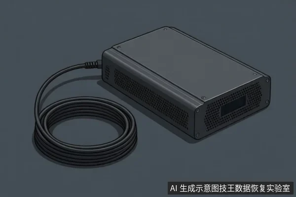 画面中一个深灰色长方体电子设备平放，侧面有蜂窝状散热孔，一端连接黑色线缆并盘绕成圈，背景为深灰色。