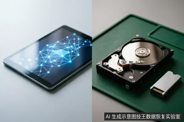 画面左侧为显示蓝色网络几何图形的平板电脑,右侧绿色防静电垫上放置着已拆解的机械硬盘及一个USB转接卡。展示了数据恢复场景中涉及的存储介质与硬件组件。