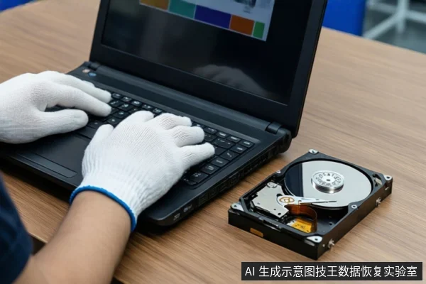 木质桌面上，戴白手套的双手正在操作一台黑色笔记本电脑键盘，右侧平放一块打开外壳的机械硬盘，露出盘片与磁头组件。