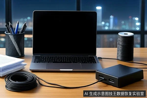 木质桌面上平放一台黑屏笔记本电脑,右侧连接一个黑色方形存储设备,旁边有一卷黑色线缆和笔筒,背景为模糊的城市夜景窗户。