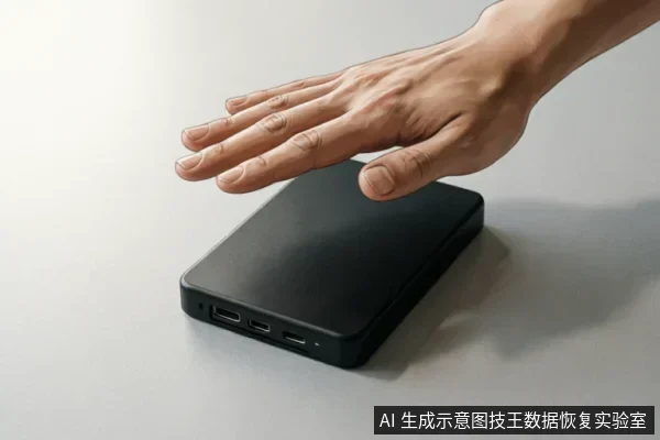 一只悬停在黑色移动硬盘上方的手,示意停止操作。硬盘侧面可见USB及Type-C接口,置于灰色平面上。画面传达出在设备出现异常时立即切断电源、避免进一步通电或触碰的警示含义。