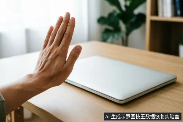 一只手掌在闭合的银色笔记本电脑前做出明显的“停止”手势，示意暂停或禁止操作。背景为模糊的木质桌面、绿植及书架，营造出办公环境氛围，强调对当前行为的阻断。