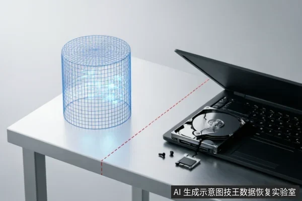 一台黑色笔记本电脑外壳打开,内部机械硬盘被取出并放置在桌面上,旁边散落着螺丝和芯片。左侧有一个蓝色网格圆柱体光效,通过红色虚线与电脑连接,象征数据提取或远程恢复过程。
